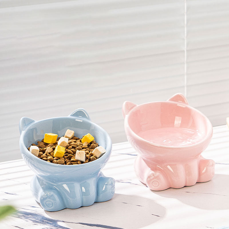 Tilted Elevated Ceramic Cat Bowl with Cat Ear Design