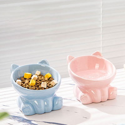 Tilted Elevated Ceramic Cat Bowl with Cat Ear Design