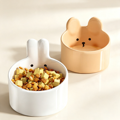 Cute Bear & Rabbit Ear Ceramic Cat Bowl