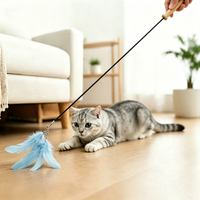 Blue Feather Wooden Cat Teaser Wand with Bell
