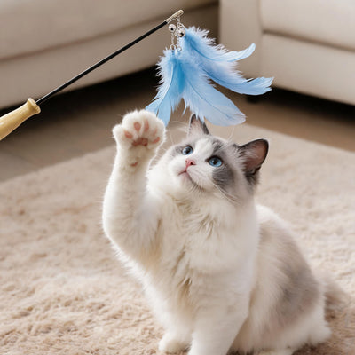 Blue Feather Wooden Cat Teaser Wand with Bell